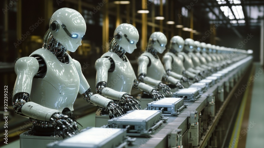 High-Tech Automation: Robots Performing Quality Inspections on Manufacturing Assembly Line High-Tech Automation: Robots Performing Quality Inspections on Manufacturing Assembly Line