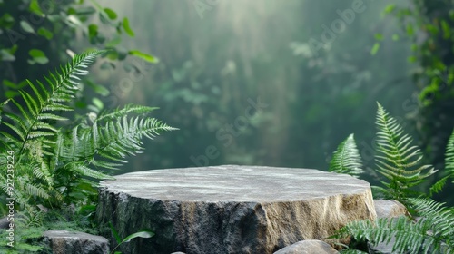 A rustic stone tabletop surrounded by vibrant green ferns and foliage, illuminated by sunlight filtering through the trees, creating a serene and natural setting.