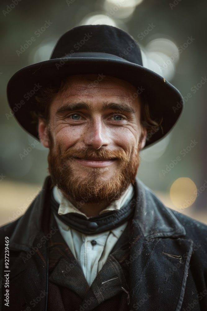 A man with a beard smiles at the camera while wearing a black hat and coat A man with a beard smiles at the camera while wearing a black hat and coat