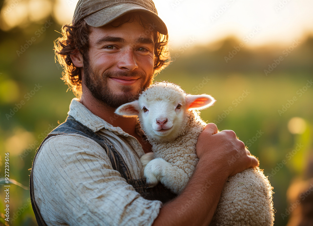 Young farmer holds a lamb in a sunny field during golden hour. A young farmer smiles while cradling a lamb against a backdrop of a sunlit field. Young farmer holds a lamb in a sunny field during golden hour. A young farmer smiles while cradling a lamb against a backdrop of a sunlit field.
