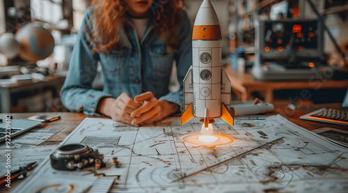 Wallpaper Mural Rocket Launch Illustration on Blueprint - Space Exploration Concept Torontodigital.ca