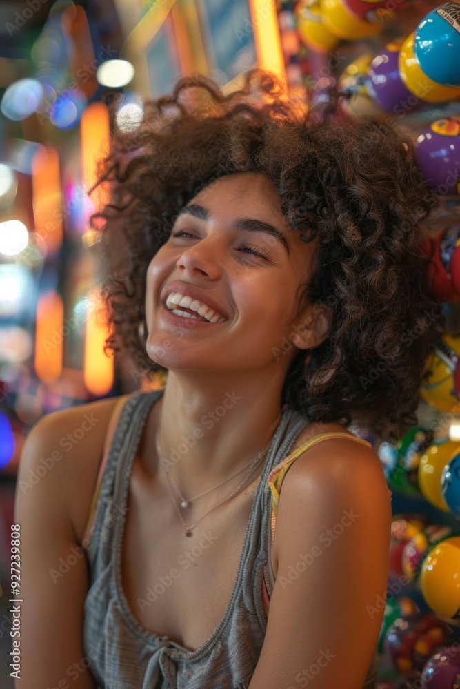 A woman with curly hair laughs while looking to the right. She is wearing a gray tank top and a necklace A woman with curly hair laughs while looking to the right. She is wearing a gray tank top and a necklace