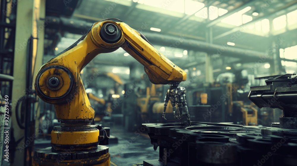 Futuristic Robot Operating Heavy Machinery in Industrial Setting Futuristic Robot Operating Heavy Machinery in Industrial Setting