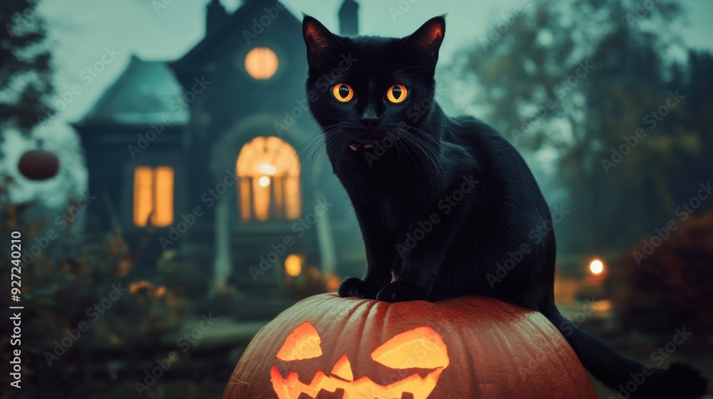 Black Cat on Jack-o'-Lantern: A mysterious black cat sits atop a carved pumpkin, casting a watchful gaze against the backdrop of a dimly lit, spooky house. Black Cat on Jack-o'-Lantern: A mysterious black cat sits atop a carved pumpkin, casting a watchful gaze against the backdrop of a dimly lit, spooky house.