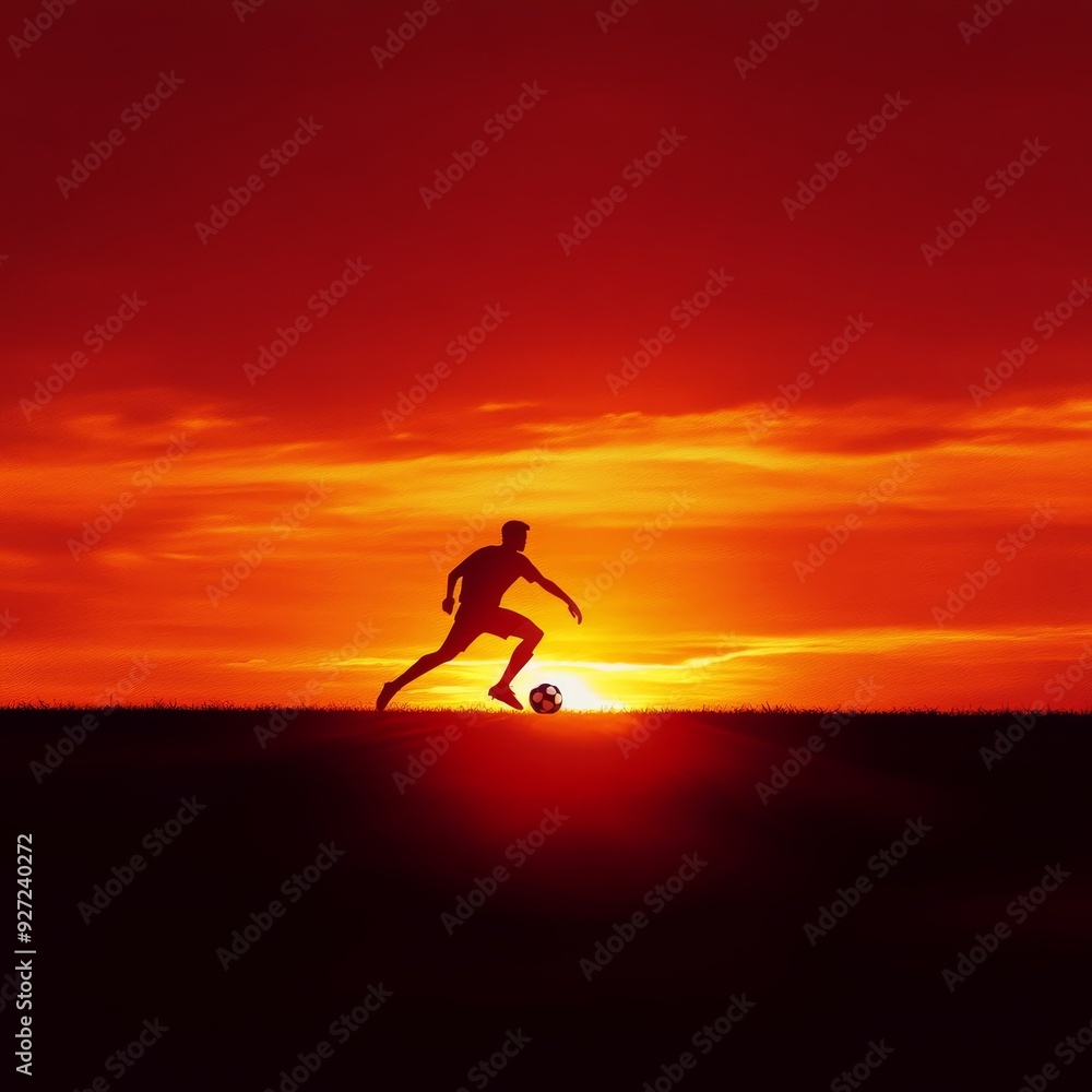 A silhouette of a soccer player kicking a ball at sunset, symbolizing passion, determination, sportsmanship, achievement, and the beauty of nature. A silhouette of a soccer player kicking a ball at sunset, symbolizing passion, determination, sportsmanship, achievement, and the beauty of nature.