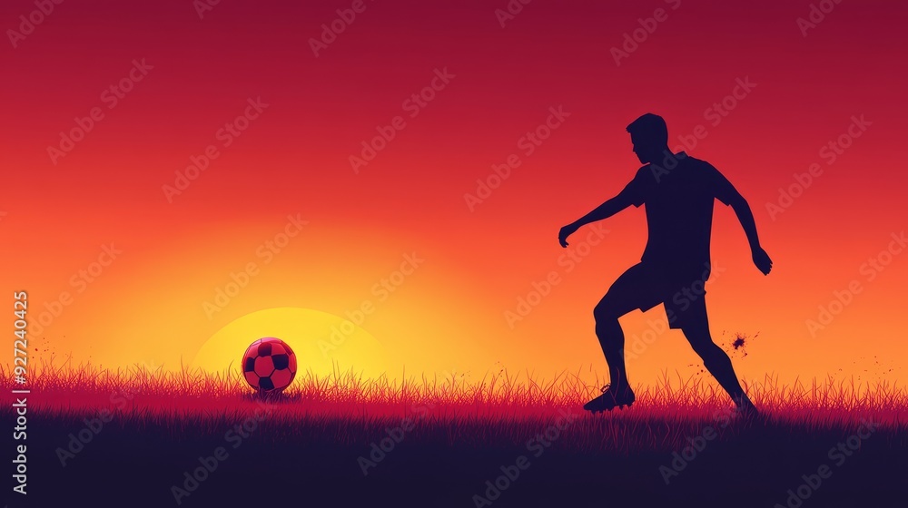 A silhouette of a soccer player kicking a ball at sunset, symbolizing passion, determination, the beauty of the sport, the power of the human spirit, and the golden hour. A silhouette of a soccer player kicking a ball at sunset, symbolizing passion, determination, the beauty of the sport, the power of the human spirit, and the golden hour.