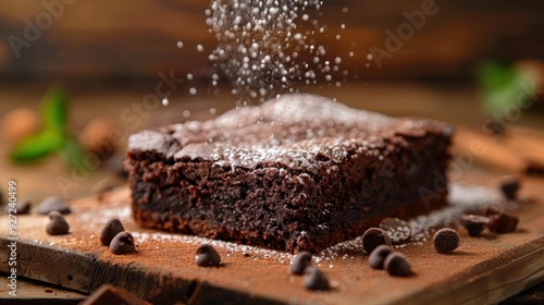 a piece of chocolate cake on a cutting board