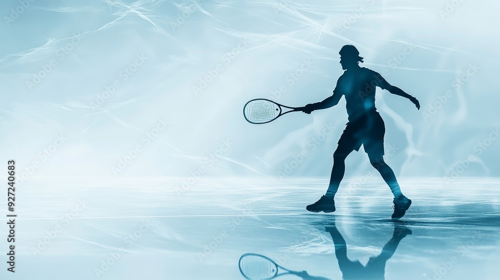 Fototapeta premium A silhouette of a tennis player with a racket in hand, showcasing determination, skill, and the sport's dynamic nature. The blue background creates a sense of speed and movement.
