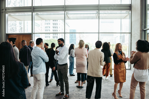 Schilderij op canvas Corporate crowd engaging in teamwork during business event in modern office spac