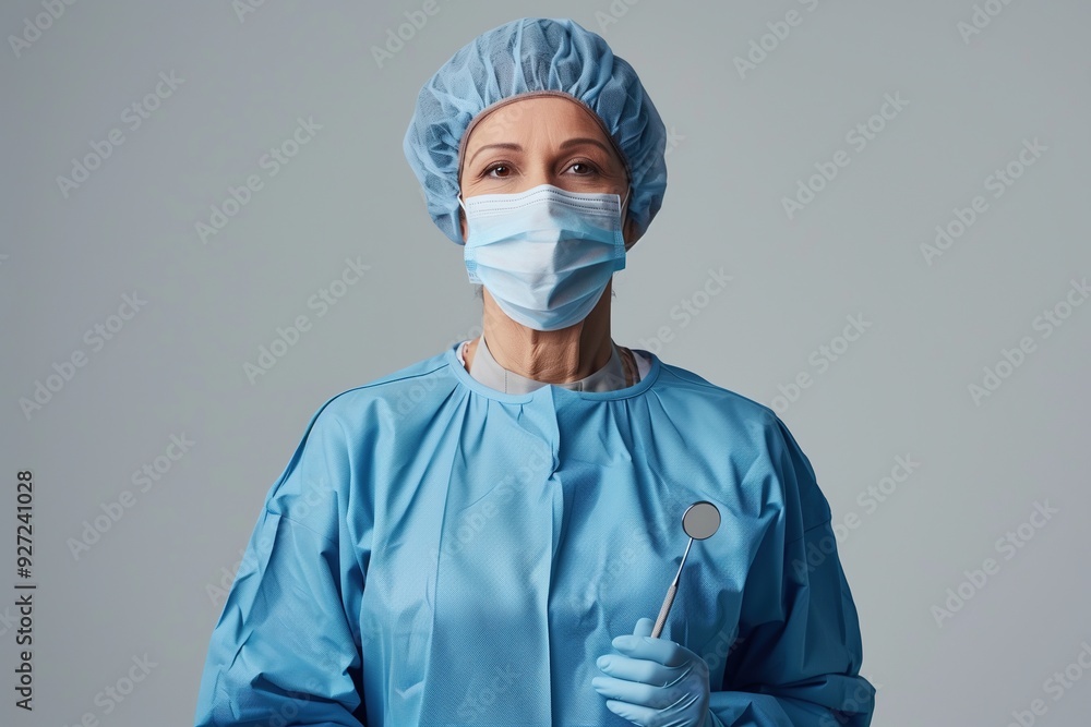 Female dentist wearing a surgical gown, mask, and cap, holding a dental mirror in her gloved hand. Female dentist wearing a surgical gown, mask, and cap, holding a dental mirror in her gloved hand.