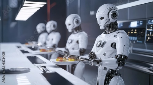 Futuristic Robots Assisting in Food Preparation at an Automated Restaurant