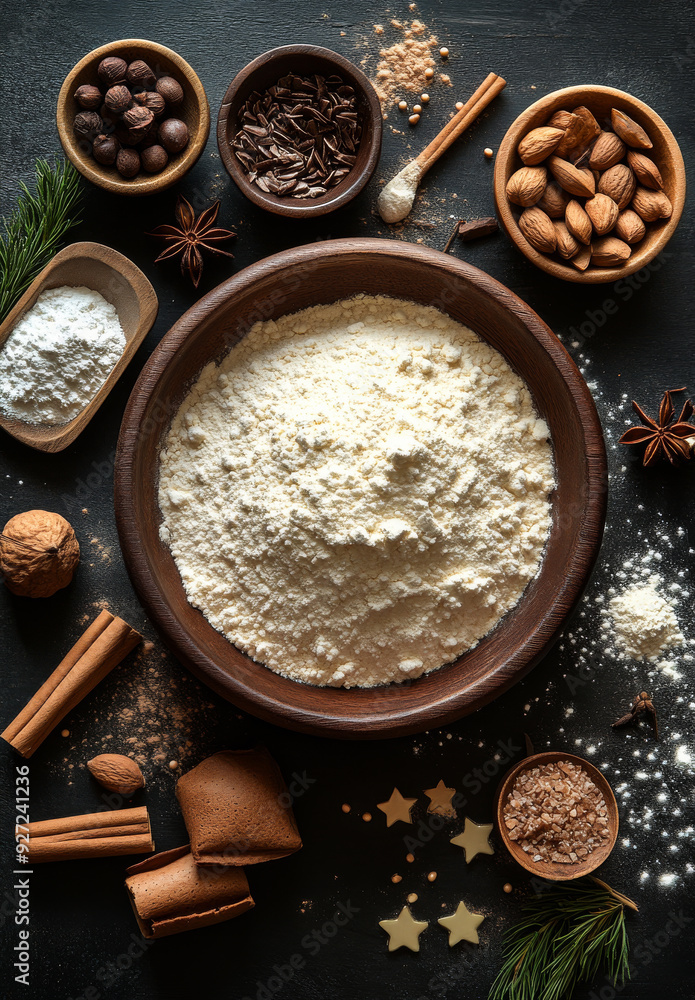 Baking ingredients arranged on a dark surface before preparation. Various baking ingredients are spread around a central bowl of flour. Baking ingredients arranged on a dark surface before preparation. Various baking ingredients are spread around a central bowl of flour.