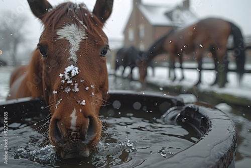 Winter Farm Scene: Horse Drinking from Trough with Snowflakes in Snowy Weather for Print, Poster photo