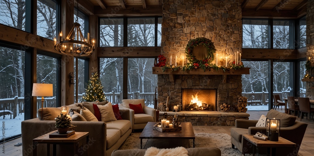 Cozy rustic living room with big floor to ceiling windows and a fireplace, decorated for Christmas Cozy rustic living room with big floor to ceiling windows and a fireplace, decorated for Christmas