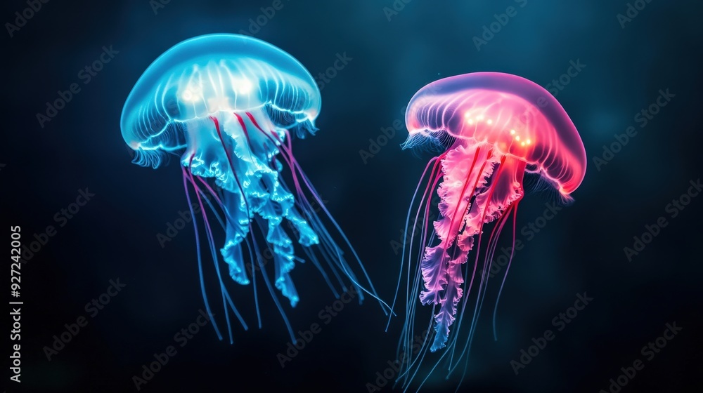 Two jellyfish with blue and red tails Two jellyfish with blue and red tails