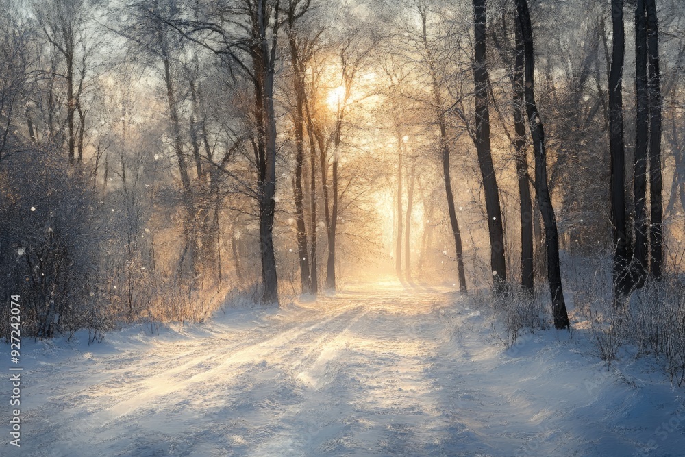 Snowy forest path with sunlight. This image is perfect for winter themes, nature scenes, and peaceful backgrounds. Snowy forest path with sunlight. This image is perfect for winter themes, nature scenes, and peaceful backgrounds.