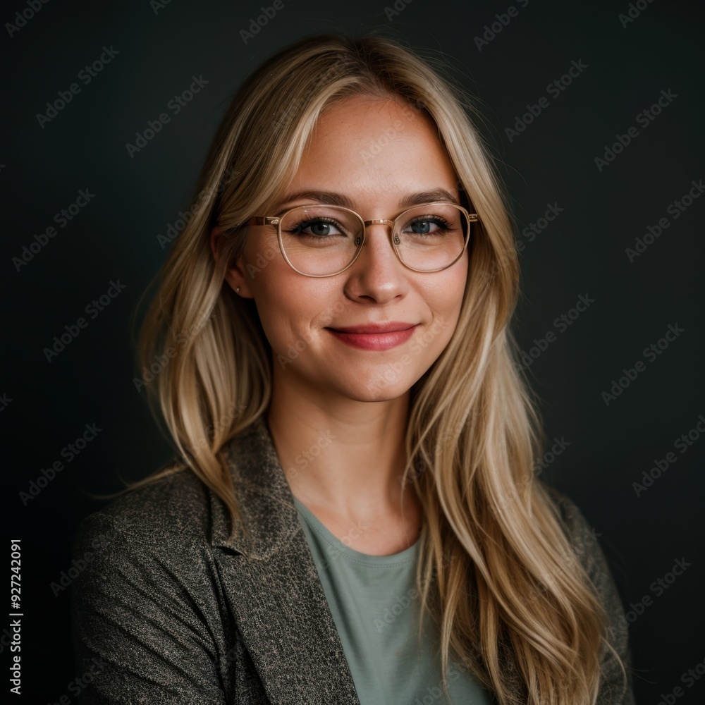 Obraz premium Smart Lady Wearing Glasses Beams Serenely Against Dark Background