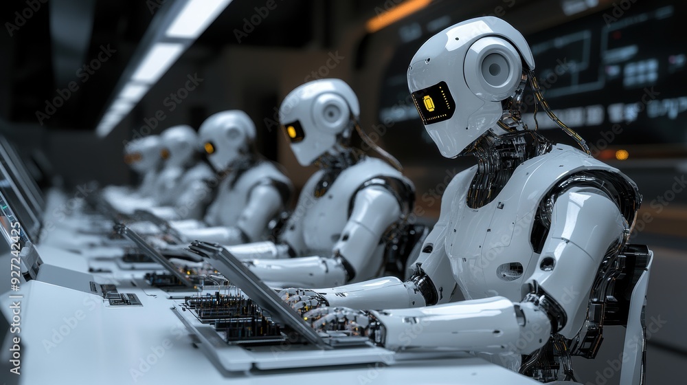 Advanced Robotic Assembly Line in High-Tech Factory Producing Electronic Devices Advanced Robotic Assembly Line in High-Tech Factory Producing Electronic Devices