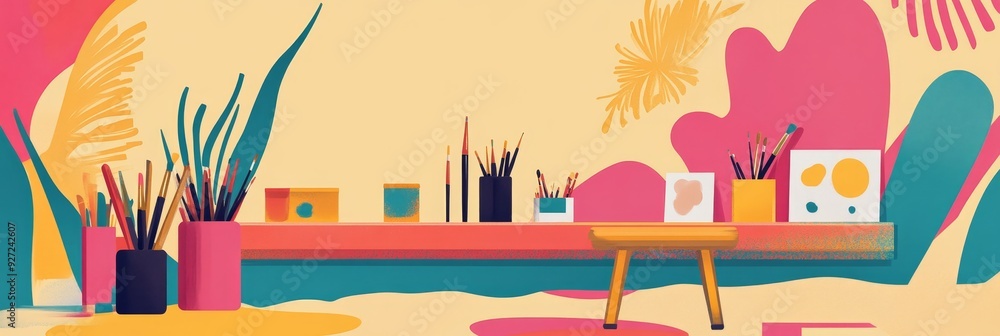 Obraz premium A vibrant art studio workspace with a wooden table, colorful paintbrushes, and paint containers, symbolizing creativity, artistic expression, and the joy of painting.