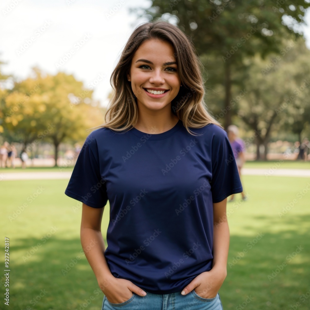 Smiling lady emanates confidence in navy tee at the park Smiling lady emanates confidence in navy tee at the park
