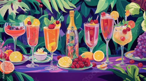 Glasses with champagne, flowers, and fresh tropical fruit on a table at a summer party