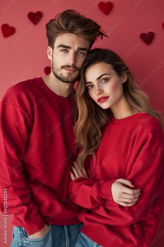 A young couple is standing close together against a red background decorated with felt hearts. Both are wearing matching red sweatshirts A young couple is standing close together against a red background decorated with felt hearts. Both are wearing matching red sweatshirts