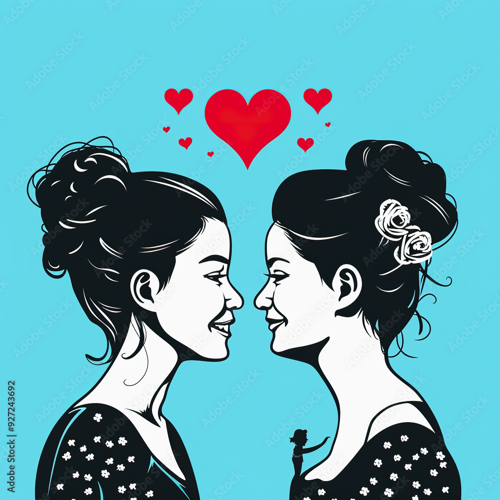 Two women facing each other with hearts above them Two women facing each other with hearts above them