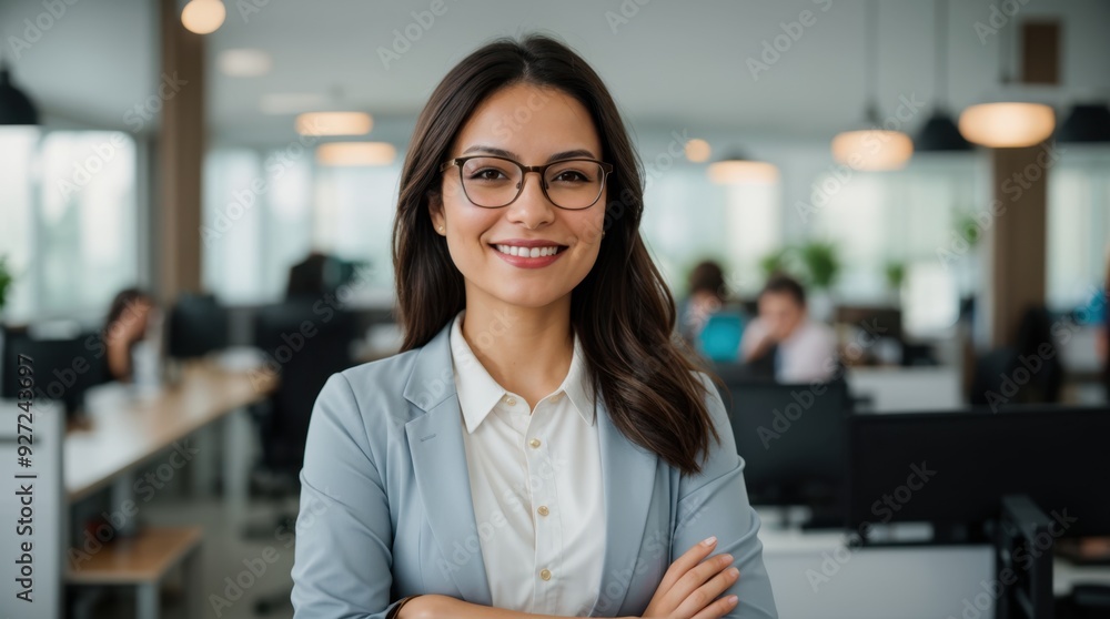 Smiling Office Professional Displays Confidence with Glasses Smiling Office Professional Displays Confidence with Glasses