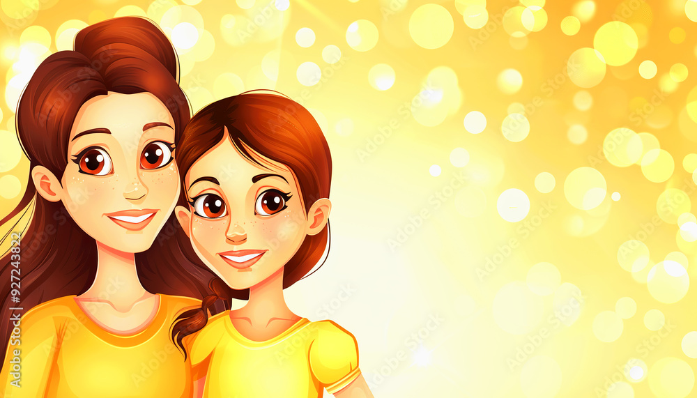 A Smiling Mother and Daughter in Yellow Shirts with a Golden Bokeh Background A Smiling Mother and Daughter in Yellow Shirts with a Golden Bokeh Background