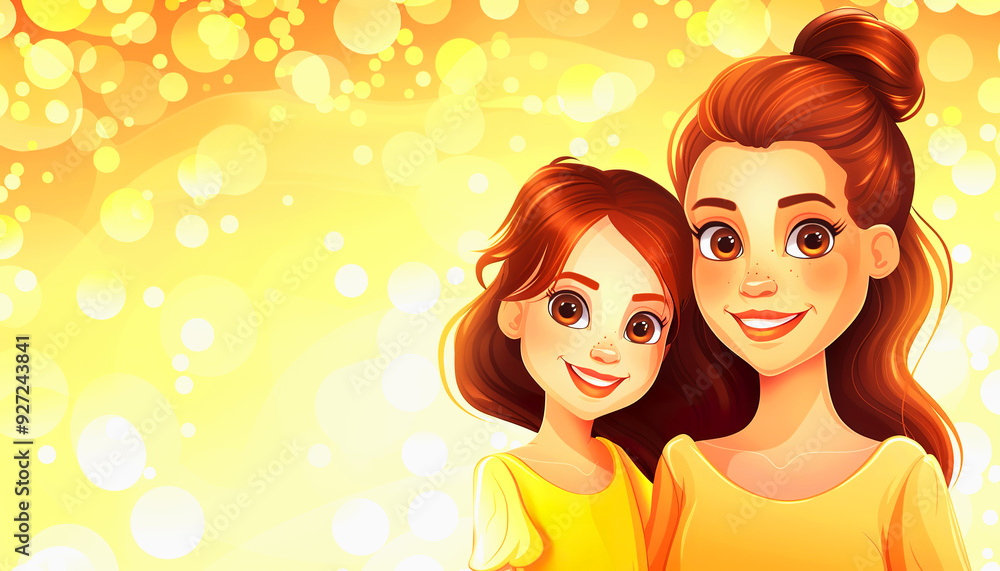 Two Smiling Women with Brown Hair and Yellow Dresses Against a Golden Background Two Smiling Women with Brown Hair and Yellow Dresses Against a Golden Background