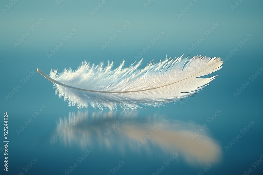 Obraz premium A single, delicate white feather floats gracefully on the surface of calm blue waters, creating a serene and peaceful image. 