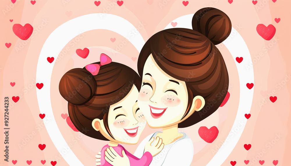 Mother and Daughter Embracing with Hearts Surrounding Them Mother and Daughter Embracing with Hearts Surrounding Them