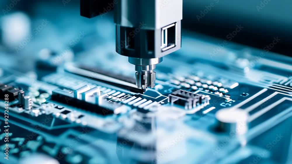 A detailed close-up showcases a computer motherboard, highlighting intricate circuits and components, with a machine integrated directly onto its surface, illustrating advanced tec A detailed close-up showcases a computer motherboard, highlighting intricate circuits and components, with a machine integrated directly onto its surface, illustrating advanced tec