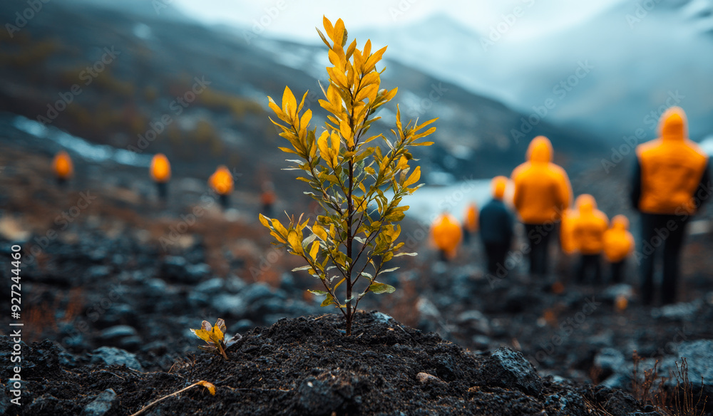 Obraz premium Bright yellow plant grows amidst nature with hikers in background. A vibrant yellow plant stands out as hikers in orange jackets explore the rugged landscape.