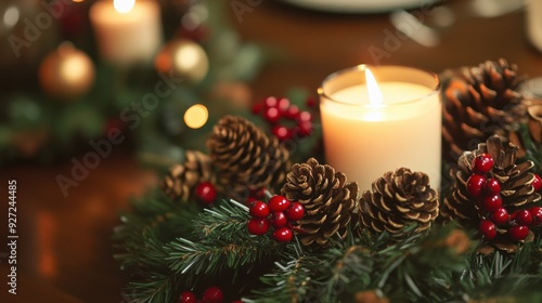 A closeup of a Christmas table centerpiece featuring candles, pinecones, and holly berries, with a warm, cozy atmosphere.