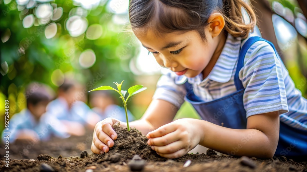 Young girl planting a tree seedling in the garden. Young girl planting a tree seedling in the garden.