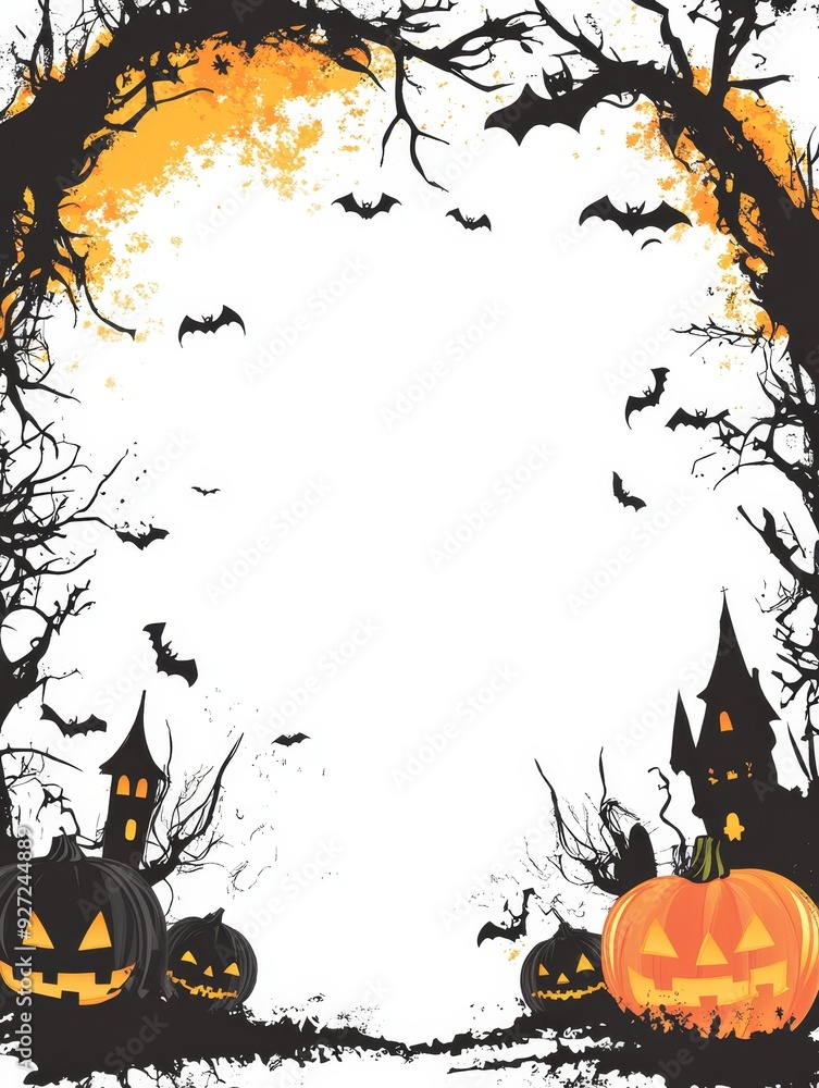 This Halloween background features silhouettes of bats, trees, and haunted houses against a white backdrop with orange accents, creating a spooky yet festive atmosphere. The pumpkins add a touch of wh This Halloween background features silhouettes of bats, trees, and haunted houses against a white backdrop with orange accents, creating a spooky yet festive atmosphere. The pumpkins add a touch of wh