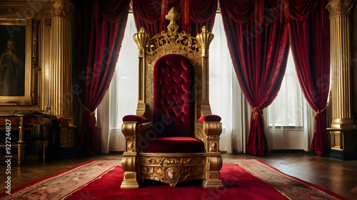 A red chair with a gold frame and red curtains with candles on it.