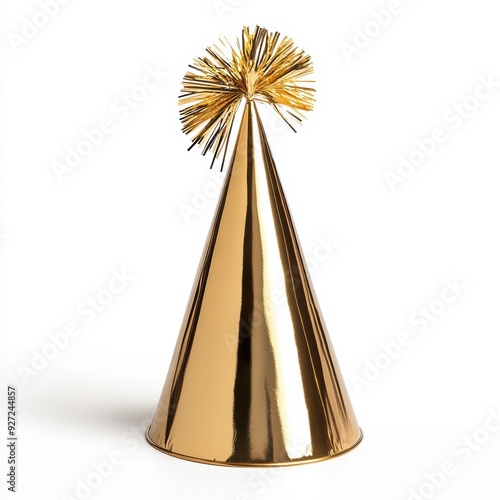 A shiny gold party hat with a playful pom-pom on top, perfect for celebrations and festive occasions