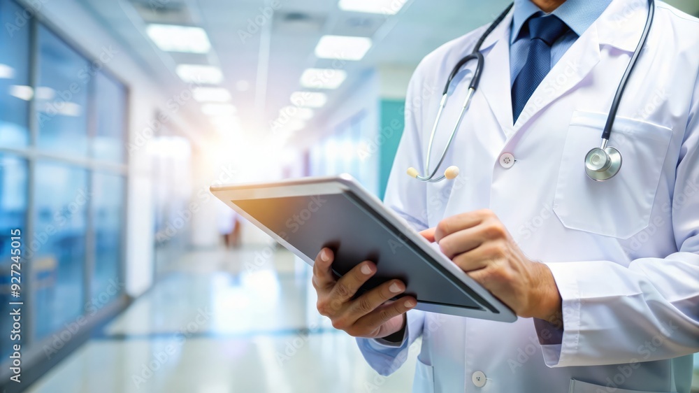 Doctor Using Tablet in Hospital Corridor. Doctor Using Tablet in Hospital Corridor.
