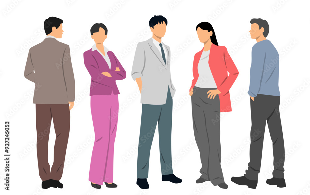 Set of young men and women , different colors, cartoon character, group of silhouettes of standing business people, students, design concept of flat icon, isolated on white background Set of young men and women , different colors, cartoon character, group of silhouettes of standing business people, students, design concept of flat icon, isolated on white background