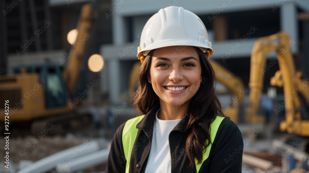 Smiling woman in helmet at work site Smiling woman in helmet at work site