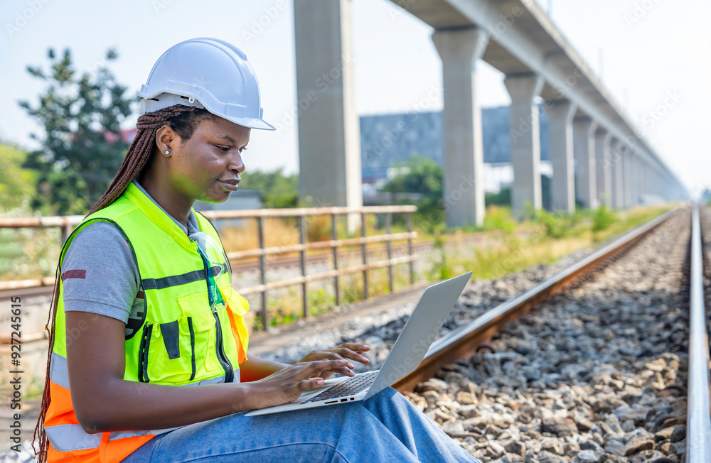 Fototapeta premium young african female engineer working on laptop to check railway tracks for maintenance at railroad,concept of safety quality control,rail transport,transportation industry