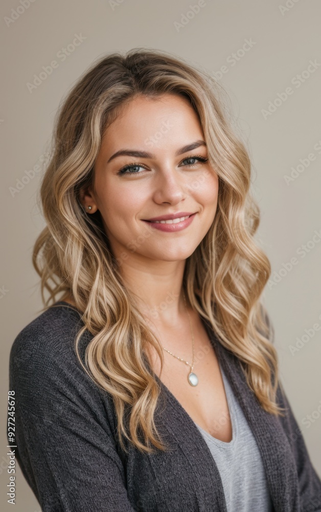 Smiling woman with wavy blonde hair against soft neutral background Smiling woman with wavy blonde hair against soft neutral background