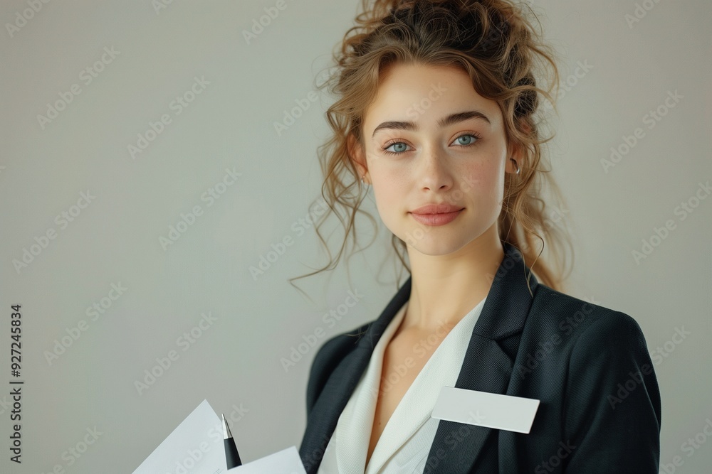 Portrait of a beautiful young woman with curly hair wearing a black blazer and a white blouse, holding a pen and a white card with blank space for text. Portrait of a beautiful young woman with curly hair wearing a black blazer and a white blouse, holding a pen and a white card with blank space for text.