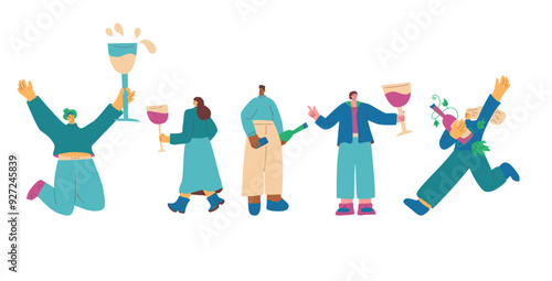 Wine festival. Friends meeting with beverage. Cute characters with wineglasses. Vector hand drawn illustration isolated on white background.