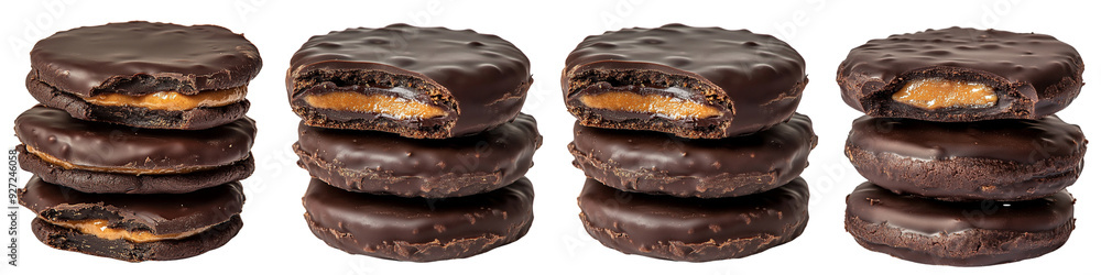 Obraz premium Set of a Chocolate dark brown cookies with peanut butter filling, stacked on top of each other, against on transparent background