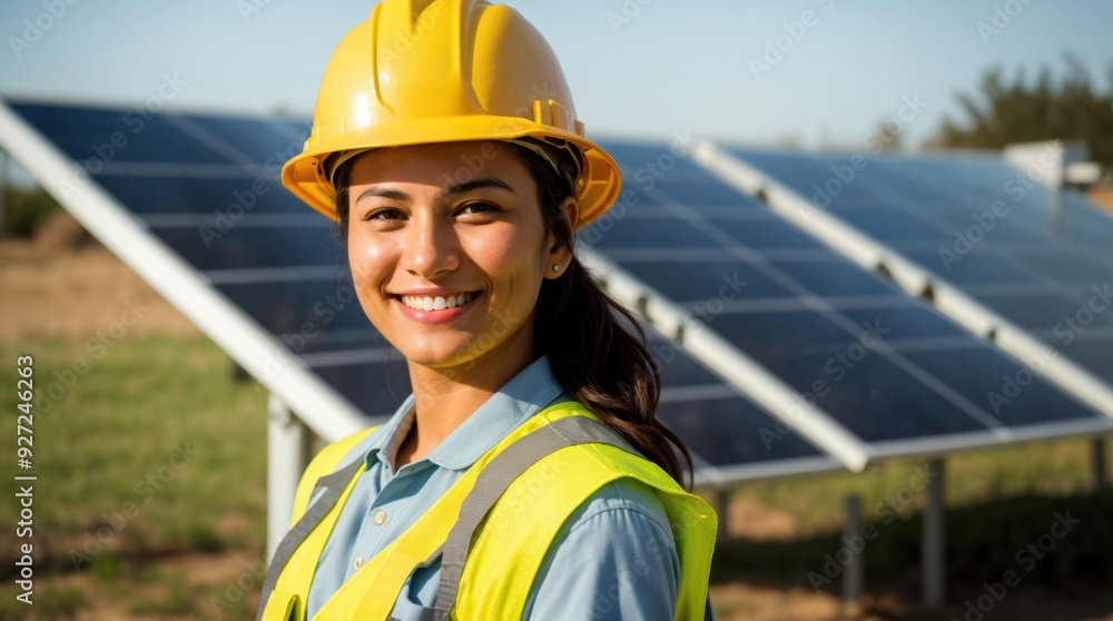 Smiling worker admiring solar panels on construction site Smiling worker admiring solar panels on construction site