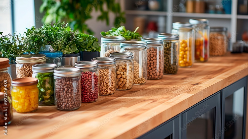 Variety of colorful vegetables and legumes in jars arranged on a wooden table in a bright kitchen setting, space for text, vegan nutrition, vegan recipes Variety of colorful vegetables and legumes in jars arranged on a wooden table in a bright kitchen setting, space for text, vegan nutrition, vegan recipes