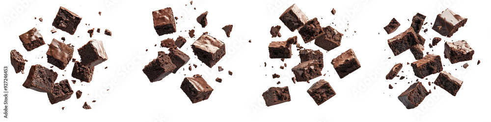 Set of a Falling brownie pieces isolated Chocolate-covered, dark brown on transparent background Set of a Falling brownie pieces isolated Chocolate-covered, dark brown on transparent background